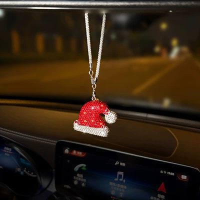 Creative Rhinestone-Encrusted Santa Claus Car Rearview Mirror Pendant, Clay Rhinestone Christmas Series Car Hanging Ornament (Car hanging) - pendant-diamond-christmas-hat