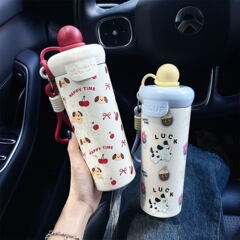 卡通316吸管水杯高颜值手提绳保温杯大容量学生户外便携运动水杯