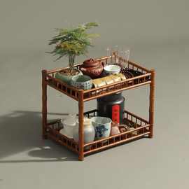 紫竹楠竹制作席面双层茶具茶壶收纳架 茶道配件 桌面收纳架 茶棚