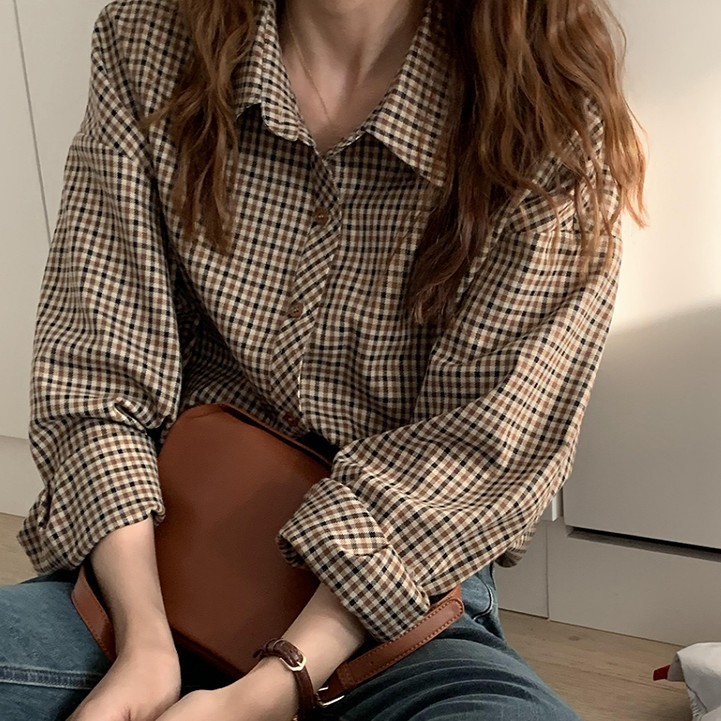 レトロチェック柄シャツ女性工場秋の新作韓国版ブラウンルーズ長袖ボトムス多用途女性用シャツ|undefined