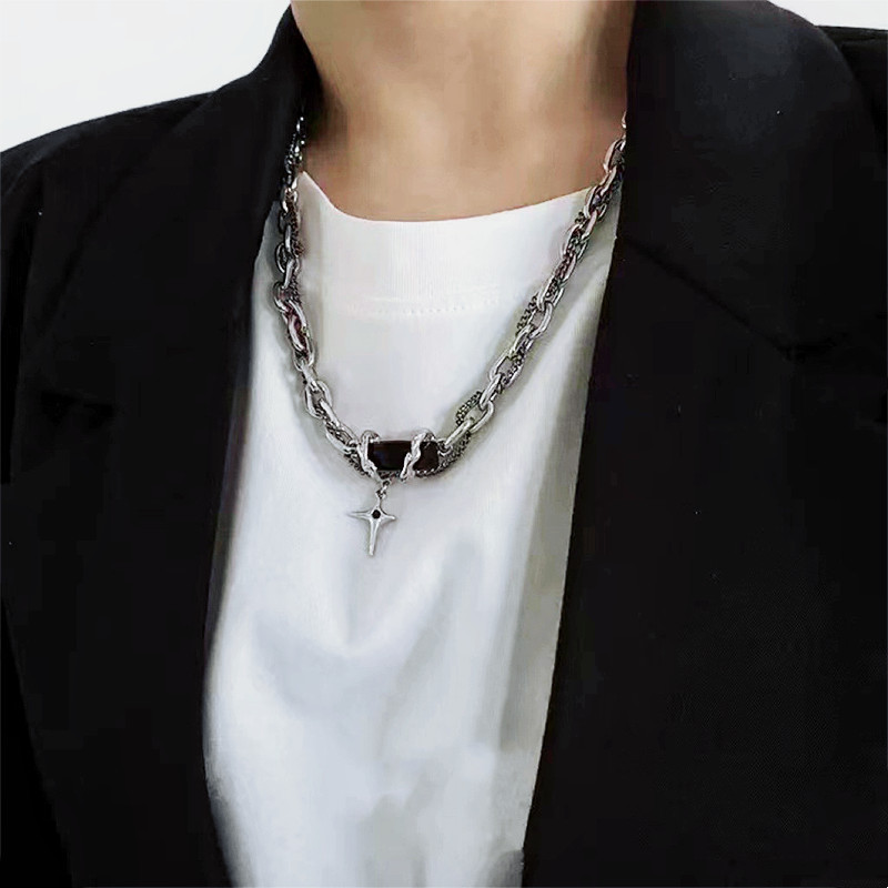 Herren Halskette Mit Schwarzem Diamant Stern Anhänger Layer Set_voghion.com