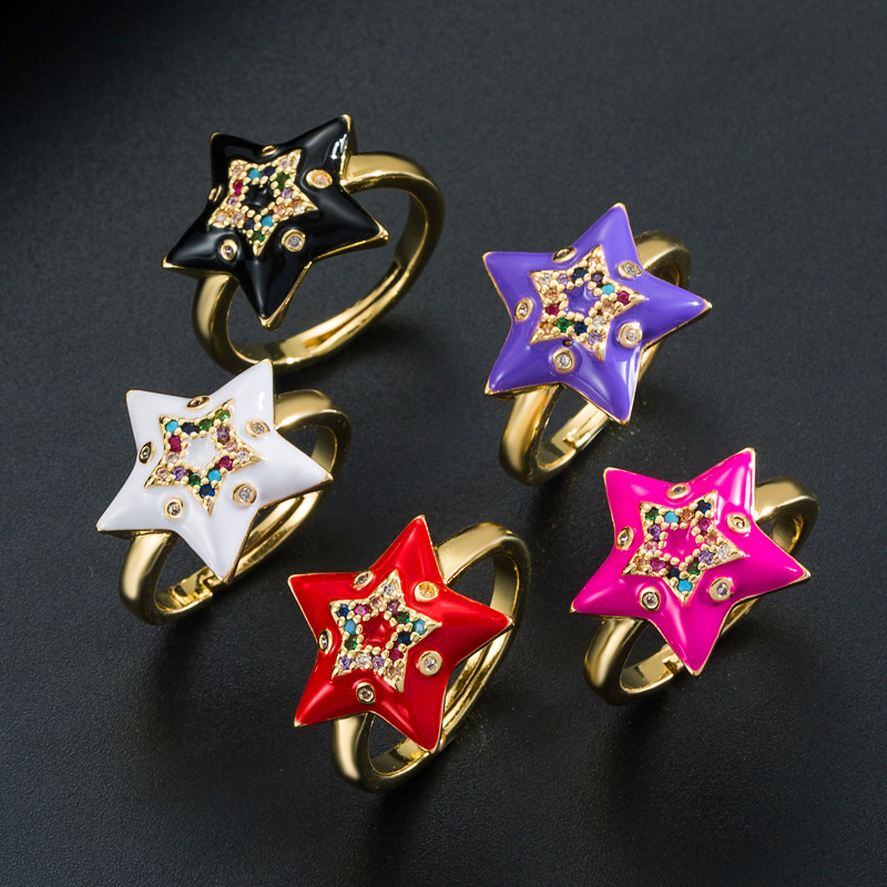 Fashion Creative Copper Gold-plated Micro-inlaid Color Zircon Five-pointed Star Adjustable Ring display picture 2