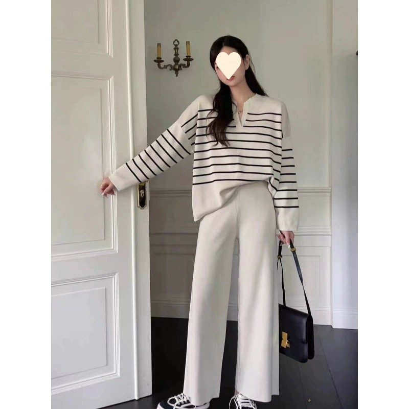 Knitted trousers set, Korean style, high‑waist wide‑leg, Camel/Apricot/Black, S–XL