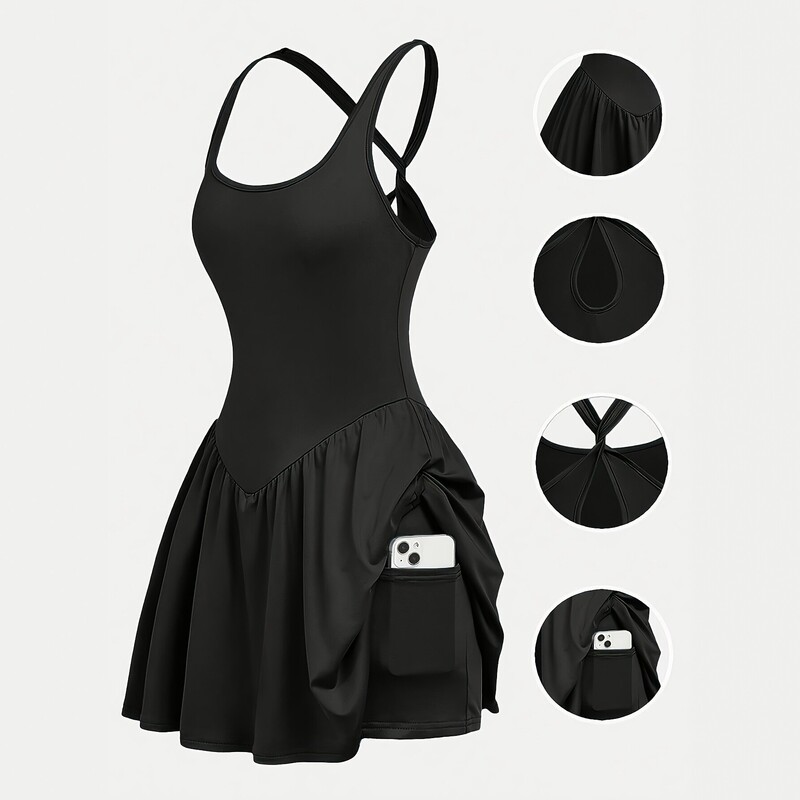 Women's sports dress, camisole dress with pockets, tennis dress, slim-fit short dress, cross-border fashion plus-size yoga dress Women's sports dress, camisole dress with pockets, tennis dress, slim-fit short dress, cross-border fashion plus-size yoga dress
