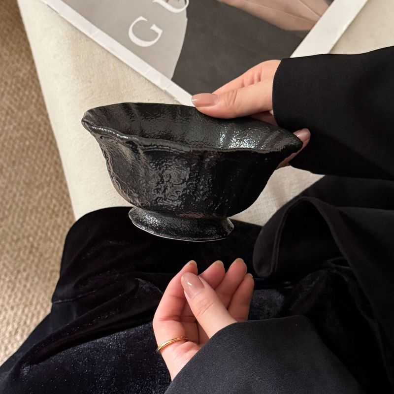 レトロフレンチマットブラックレリーフレースセラミックディナープレートボウルカップハイフットプレート中古重工業シリーズ|undefined