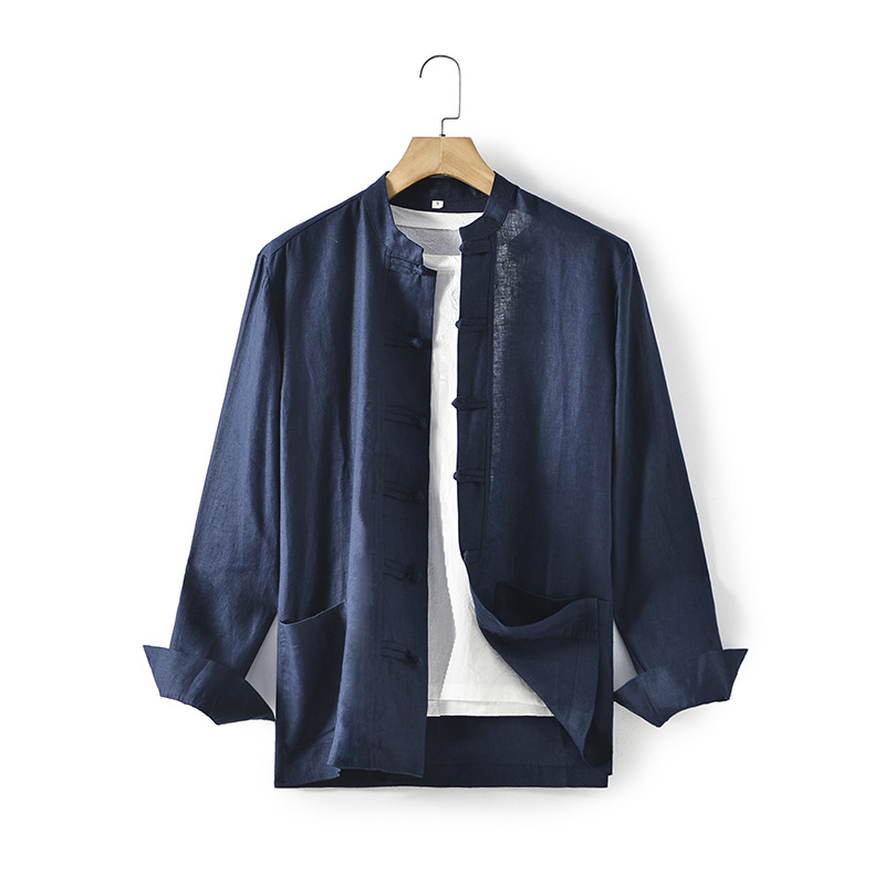 Primavera 2024 hombres de lino estilo nacional camisa suelta retro hebilla chino stand collar manga larga E009