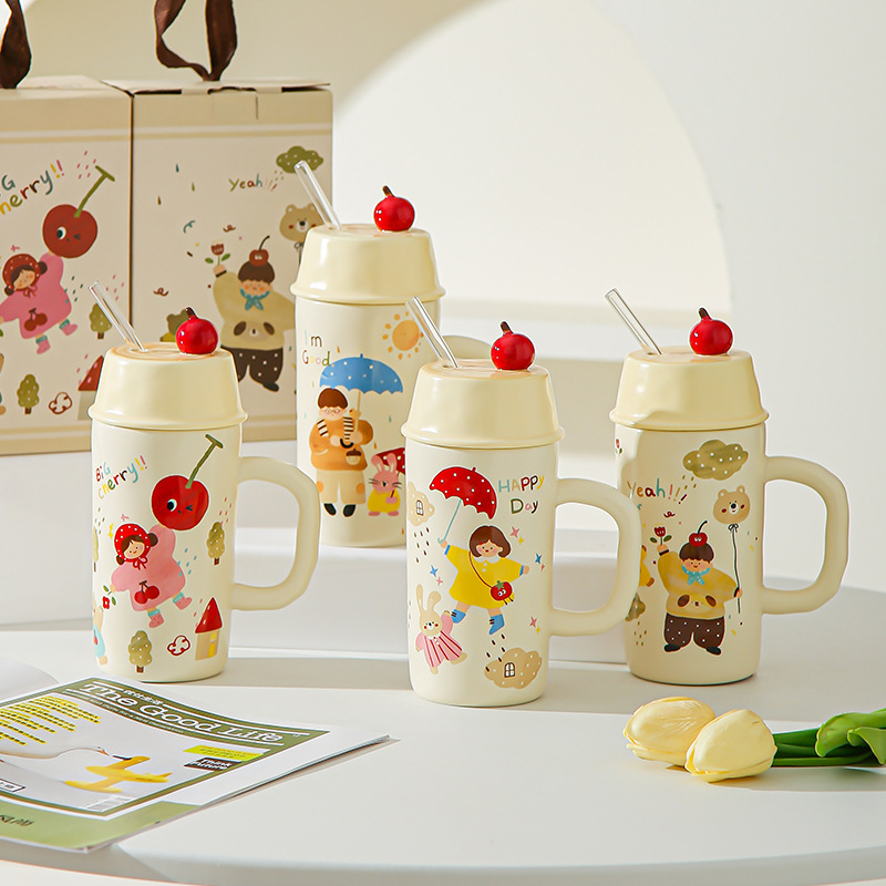 Caricatura creativa para niños y niñas tazas de cerámica con cubierta de paja para parejas tazas de agua taza de leche taza de desayuno regalo