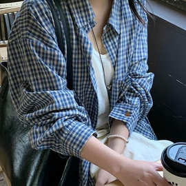 韩系蓝色格子衬衫外套女春季宽松休闲慵懒风气质长袖衬衣