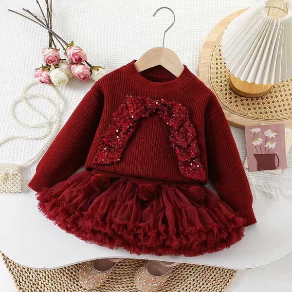 Children's red rainbow sweater with bow