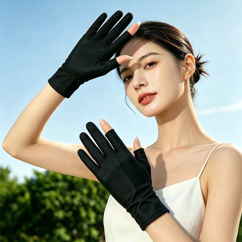 Two-Finger Sun Protection Gloves, Ice Silk Breathable Elastic Lightweight Style, Spring, Autumn and Summer Two-Finger Exposed Outdoor Protective Gloves for Women