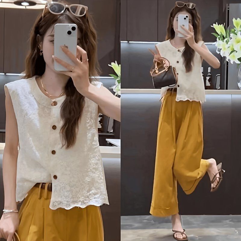 French-Style Sweet Lace Hollow Sleeveless Vest for Women, New Summer Single-Breasted Loose Elegant Cardigan Top