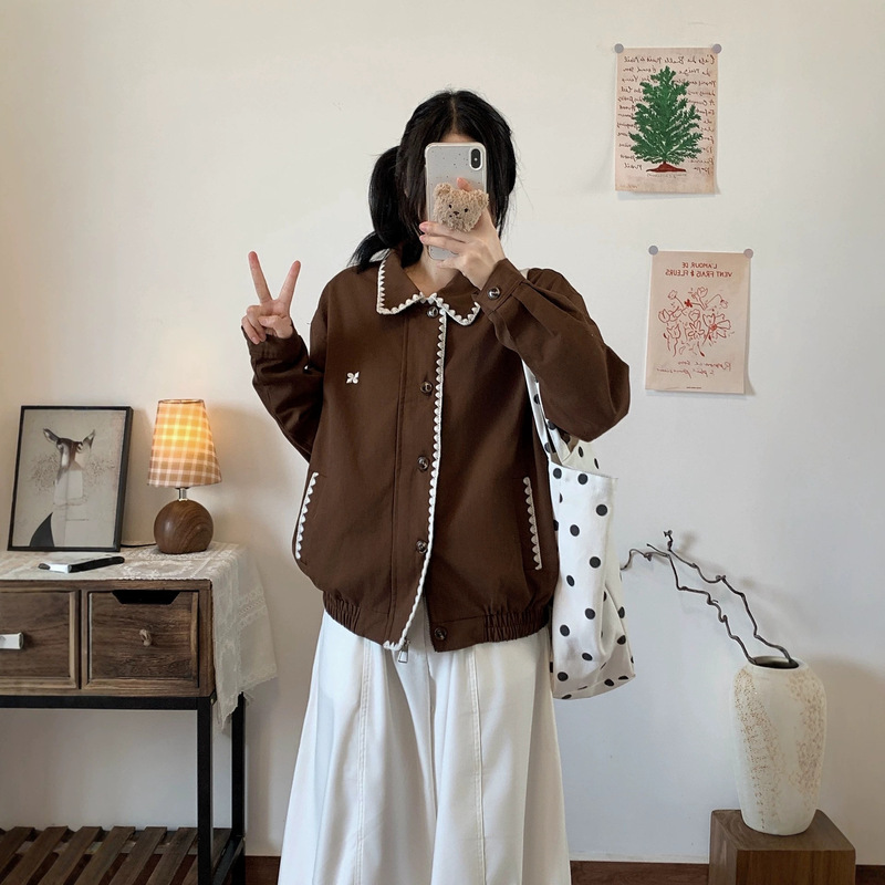 Shell Embroidery Harrington Sawtooth Design Lapel Short Jacket for Women, New Spring and Autumn Versatile Loose Commuter Jacket Top Shell Embroidery Harrington Sawtooth Design Lapel Short Jacket for Women, New Spring and Autumn Versatile Loose Commuter Jacket Top