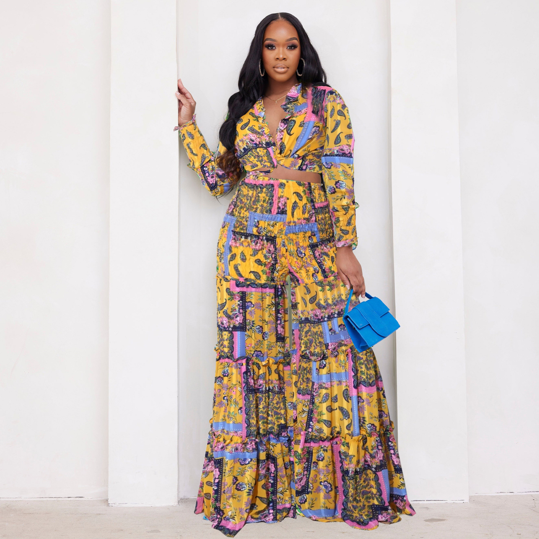 Women's Clothing fashion contrast color printed chiffon long sleeved lace up flared pants two piece suit _voghion.com