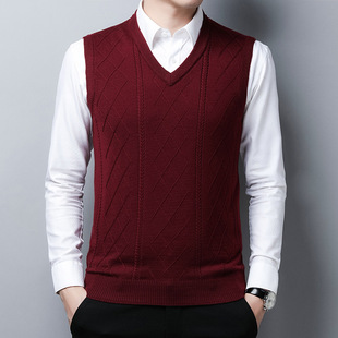 2025 New Autumn and Winter Men's Woolen Sweater Knitted Vest Casual Middle-Aged Pure Color V Neck Versatile Vest