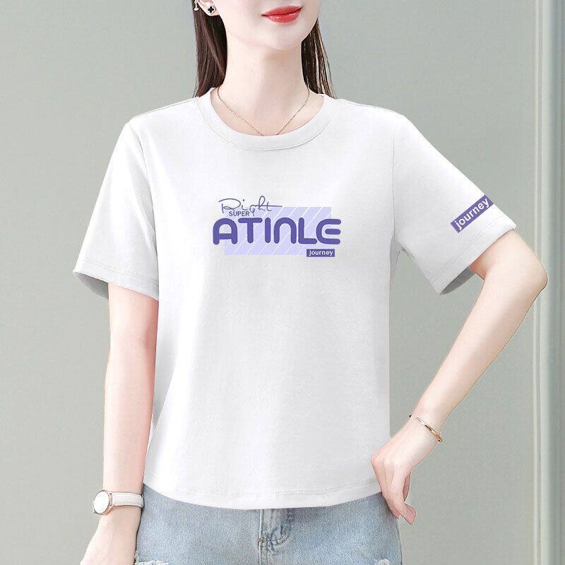 Popular Korean-Style Short-Sleeve Pure Cotton T-Shirt for Women, Fashionable Summer Trendy Letter Print, Plus-Size Slimming Stylish Top