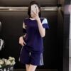 港风羽毛球服运动套装女夏拼色短袖宽松显瘦透气侧条纹短裤两件套