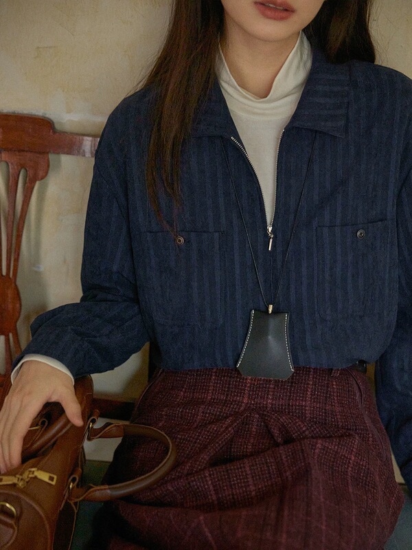 soligther 法式复古条纹拉链衬衫女秋冬2025新款设计感长袖上衣|undefined
