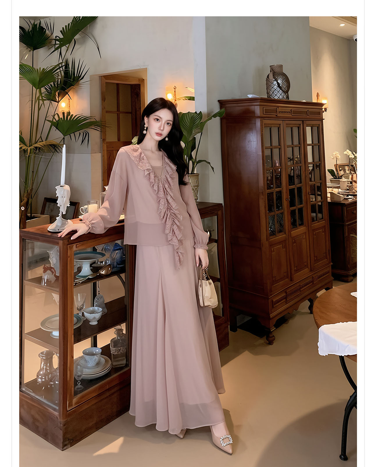 Bộ váy áo sơ mi nữ tay bèo ren + chân váy chữ A xòe phong cách tân cổ điển — Trang chủ, bộ đồ, nửa váy chi tiết 6