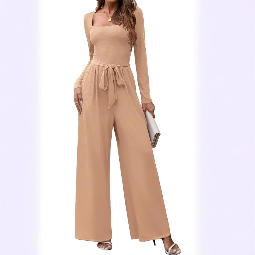 Amazon cross-border European and American women's jumpsuit fashion long sleeve square collar casual belt wide leg pants jumpsuit