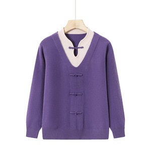 媽媽秋冬打底衫風洋氣純羊毛上衣中老年100%羊毛拼接旗袍領(lǐng)毛衣圖片