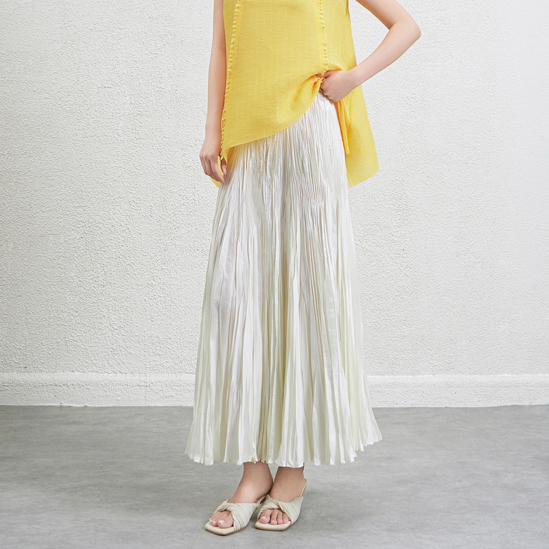 Flowing Skirt, Heavy Handmade Pleated Skirt, European Style A-Line Mid-Length Waist Slimming Look Large Hem Asymmetrical Pleated Umbrella Skirt