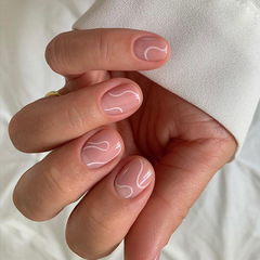 秋冬簡約粉底白色線條氛圍感可愛甜美歐美顯白假指甲貼片成品美甲
