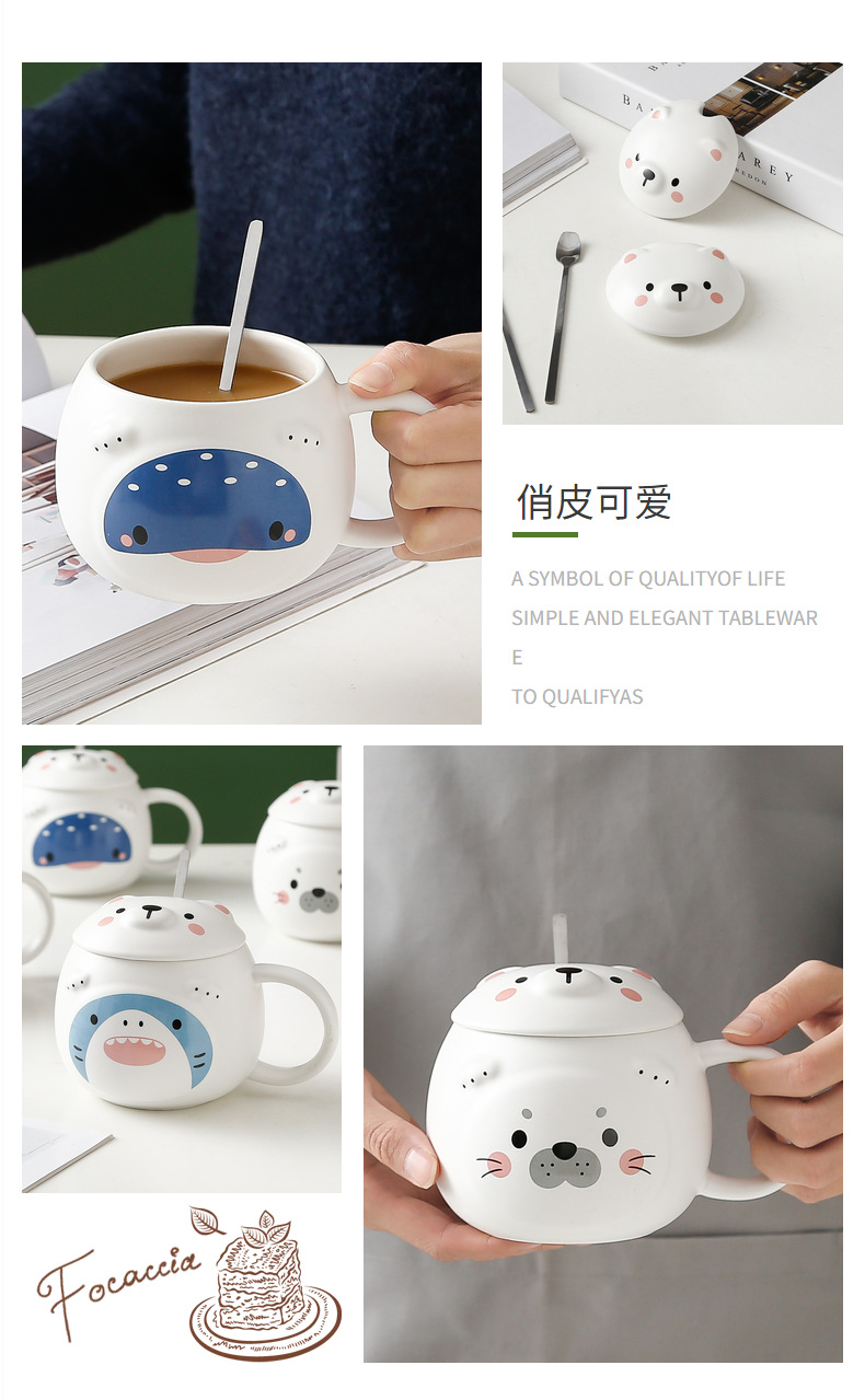 可爱动物陶瓷杯北极熊盖子马克杯海洋系列水杯现货批发礼品杯子详情3