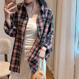 美式早春季韩系红色格子防晒长袖衬衫衬衣女式2026新款多巴胺上衣
