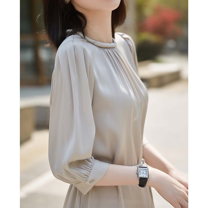 Heavyweight Silk Dress 19 Momme Mulberry Silk Three-Quarter Sleeve Waist-Cinching Dress 2026 Summer New Women's Fashion