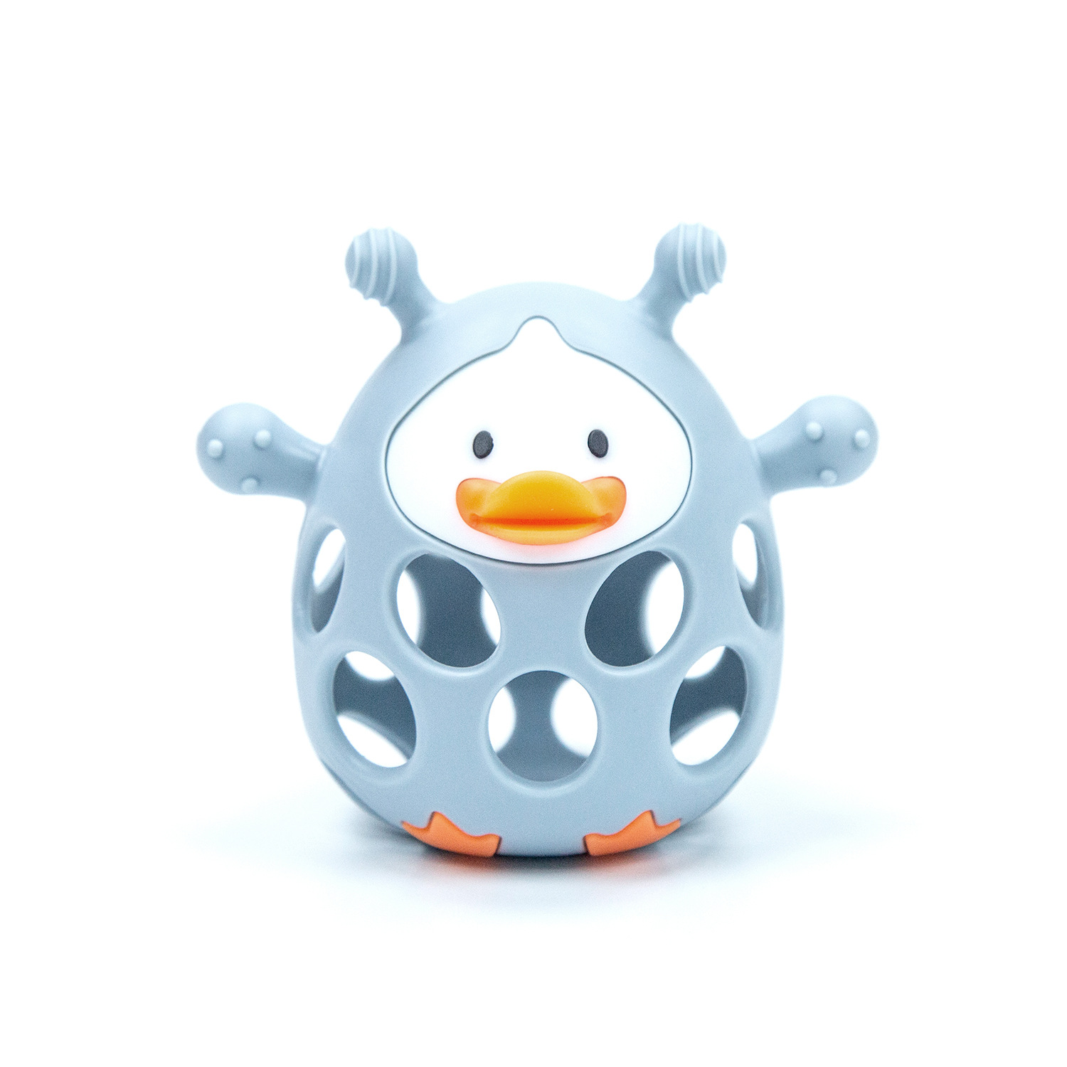 Nuevo producto pato mordedor bebé campana de tiro de mano bola molar palo de silicona bebé período de deseo oral mordedor anti-comer dios de la mano