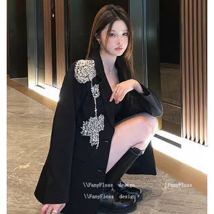 [2610 Collection] Light Luxury Black Nail Diamond Flower Loose Suit Jacket Celebrity Sequin Foreign Style ol Party
