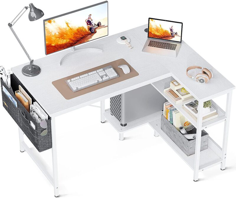 Small L-shaped computer desk with double-sided storage rack and PC stand, suitable for office workstation