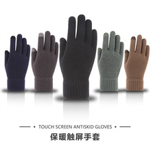 跨境专供针织手套秋冬季男女士加绒加厚分指毛线保暖触屏手套现货