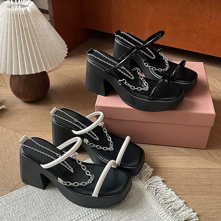 Босоножки на высоком каблуке с уникальным дизайном, элегантный светский стиль, сабо без шнуровки на среднем массивном каблуке, квадратный носок, сексуальные уличные босоножки для женщин.