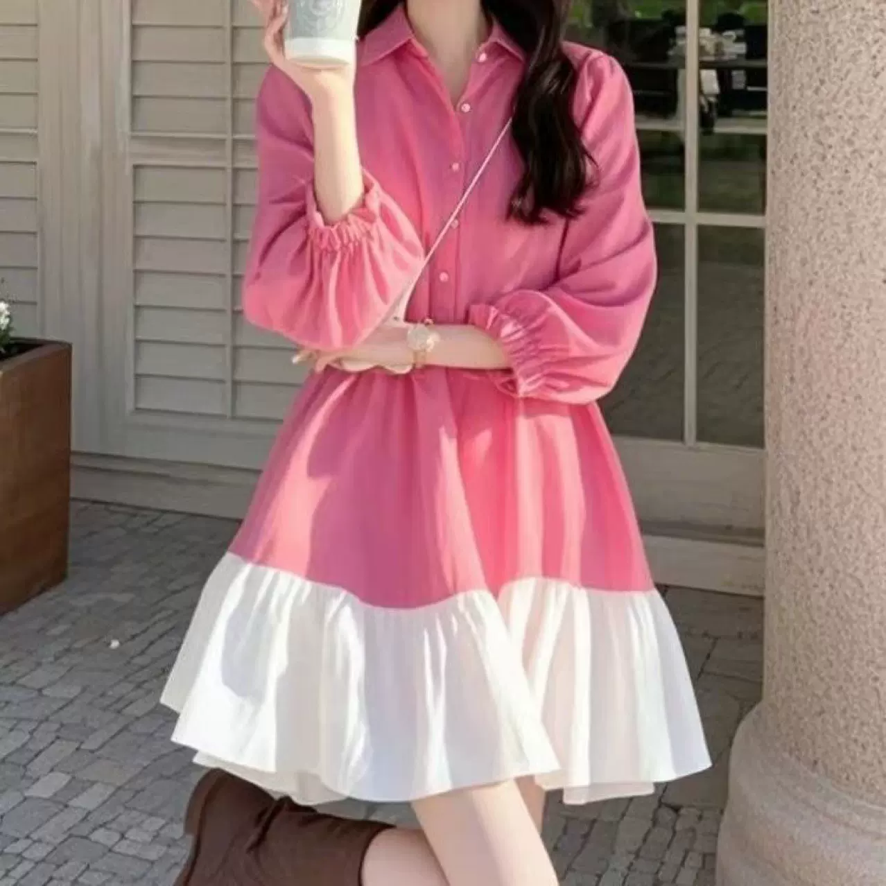 春季新品多巴胺穿搭漂亮独特小香风减龄粉色拼接衬衫连衣裙女
