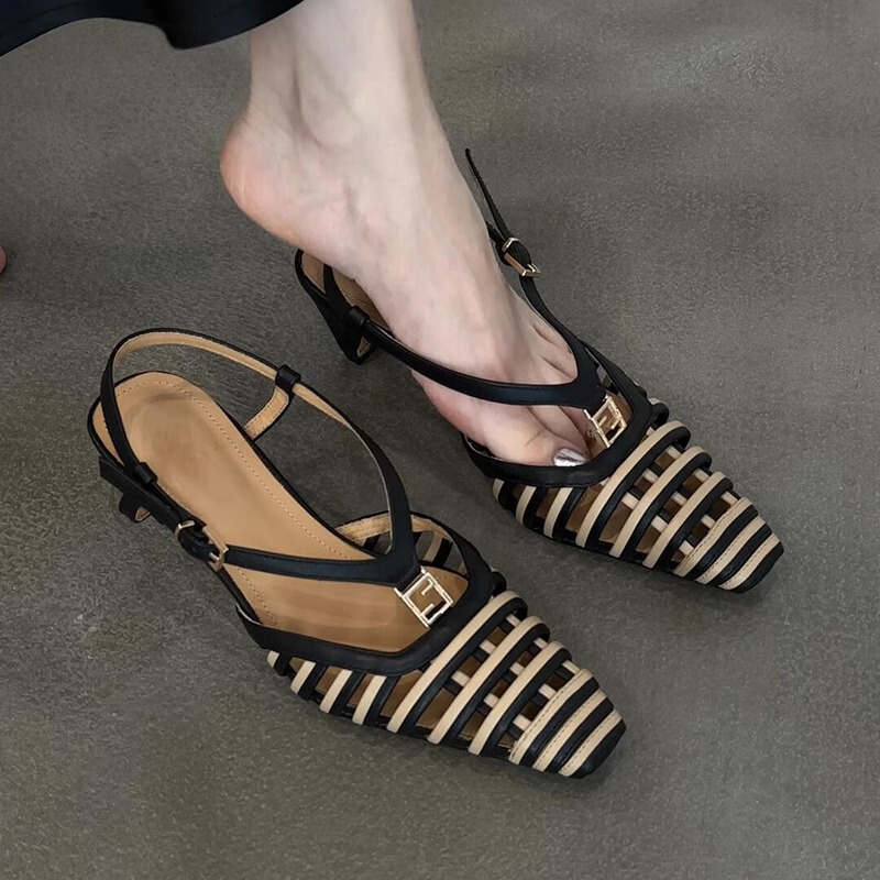 Fashionable Color-Blocked Woven Hollow High-Heeled Shoes for Women, Retro Versatile European and American Style Square-Toe Kitten Heel Sandals (Tax Not Included)