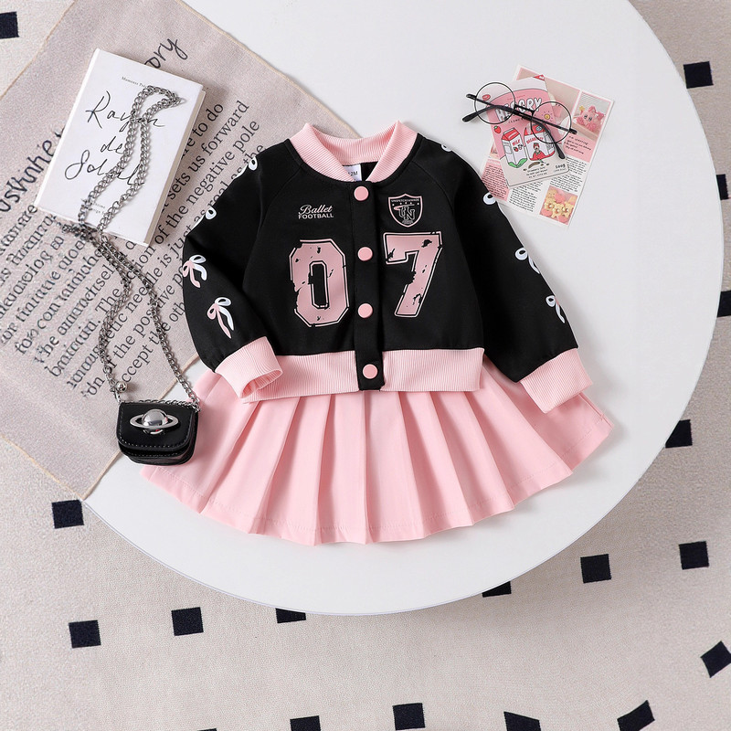 2025 Cross-Border New European and American Spring & Fall Girls 07 Pattern Black Long-Sleeved Jacket + Short Skirt Two-Piece Set