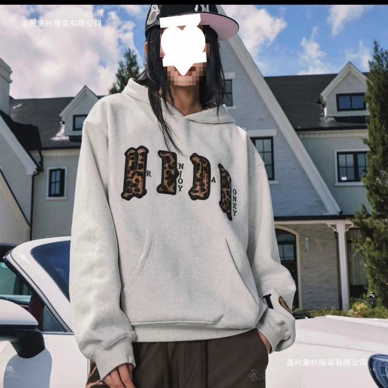 Medm Leopard Print Double-Layer Fur Casual Hooded Sweatshirt American Commuter Pullover Couple Outerwear