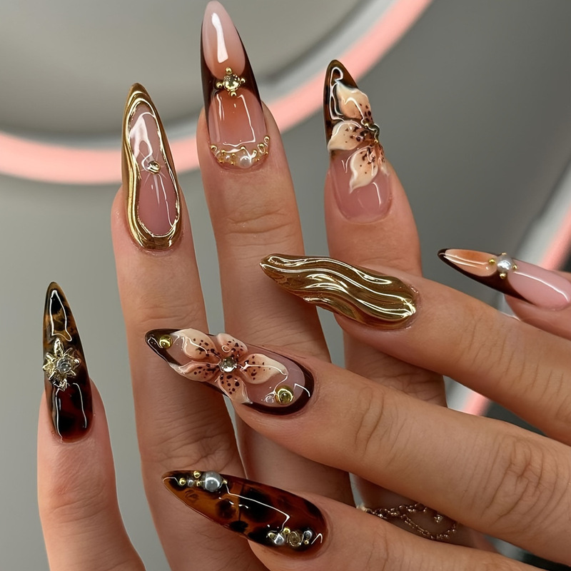 Cross-border hot-selling gorgeous sweet cool exquisite flash flower design push-type wearable armor long detachable nail art Cross-border hot-selling gorgeous sweet cool exquisite flash flower design push-type wearable armor long detachable nail art