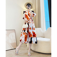 一件代发温柔风洋气褶皱连衣裙印花长裙弹力大码三宅花苞裙秋季薄