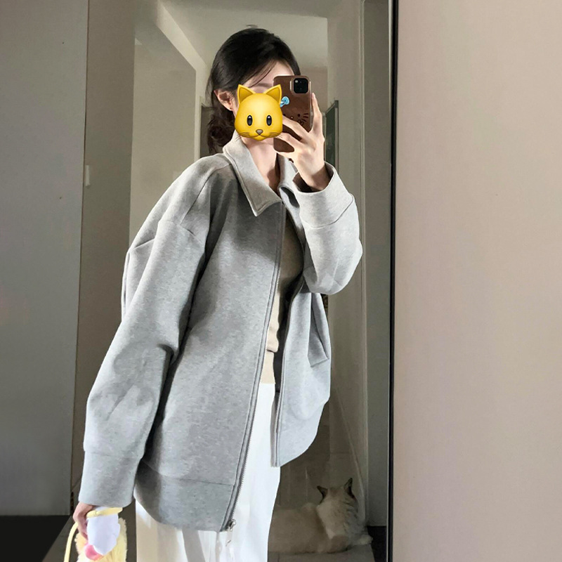 灰色翻领卫衣外套女款春秋季2025新款韩系宽松棒球服独特休闲上衣|undefined