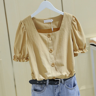 Puff Sleeve Square Neck T-Shirt Short Sleeve 2025 Summer New French Top Women's Niche Design White Shirt K-Style
