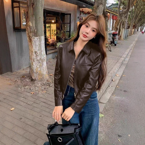Ladies' Collarless Short Style Fashion PU Leather Jacket New Motorcycle Top Coat