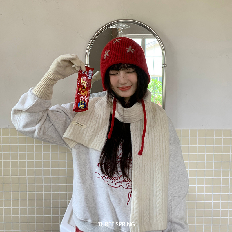 批发韩国2025年秋冬新款羊毛混纺花朵刺绣针织帽女韩系ins毛线帽|undefined