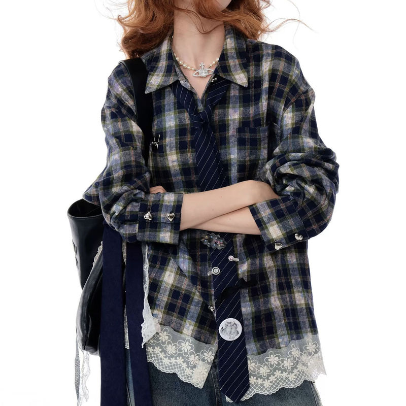 American Retro Spring and Autumn American Design High-End Lace Splicing Plaid Loose Blue Plaid Shirt Jacket for Women