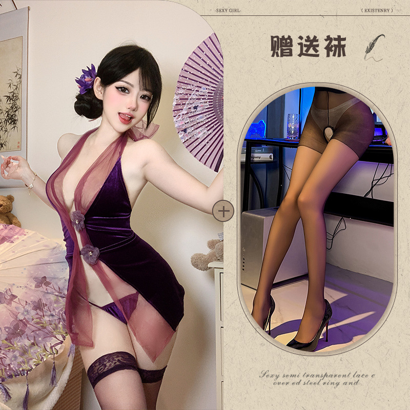 보라색[치파오+T바지]+검은색 가랑이 없는 양말