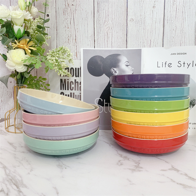 French Ceramic Soup Bowl 20cm Round Rice Bowl Salad Noodle Bowl Bowl and Chopsticks Light Luxury Retro Ceramic Soup Bowl