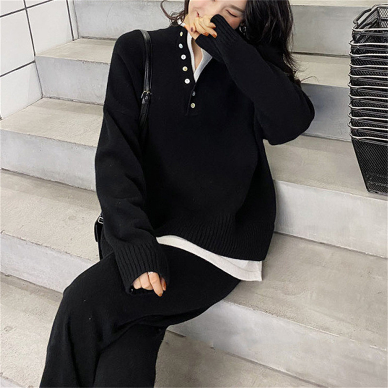 Damenbekleidung High-End-Mode im französischen Stil, lässiger Strickanzug für Damen, Herbst und Winter, lockerer zweiteiliger Hosenanzug mit weitem Bein, zweiteiliger Pullover-Trend_voghion.com