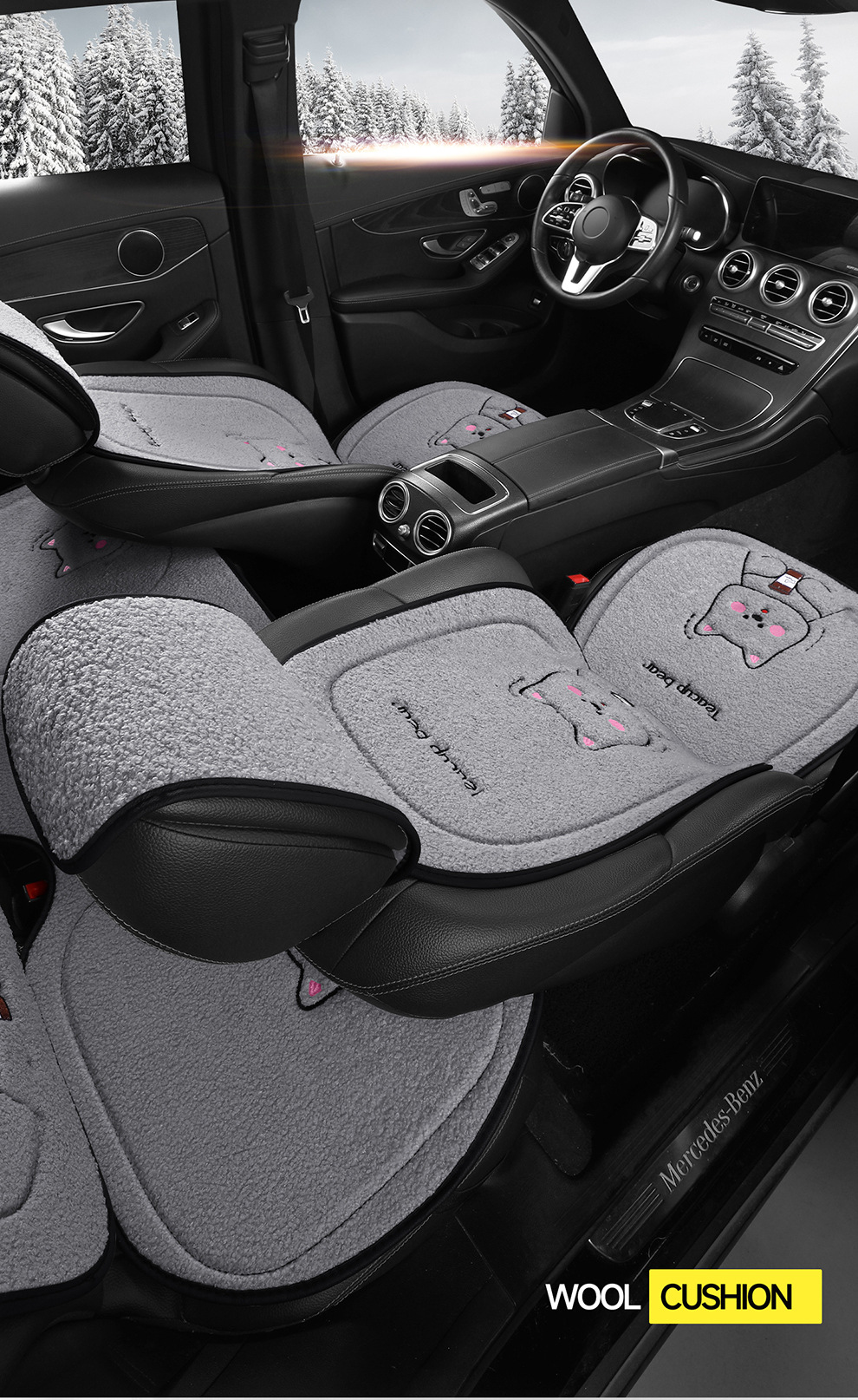 Wholesale New Four-Season Universal Car Seat Cushion Non-Slip Wear-Resistant Short Plush Cartoon Bear Three-Piece Set Factory Direct Sale