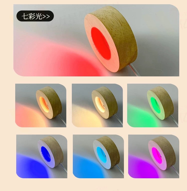 Gerçek Ağaçtan Işılı Tabanı USB Mini Gece Lambası 6cm Kauçuk Ağacı Oval Lamba Tabanı Yedi Renkli Degrade